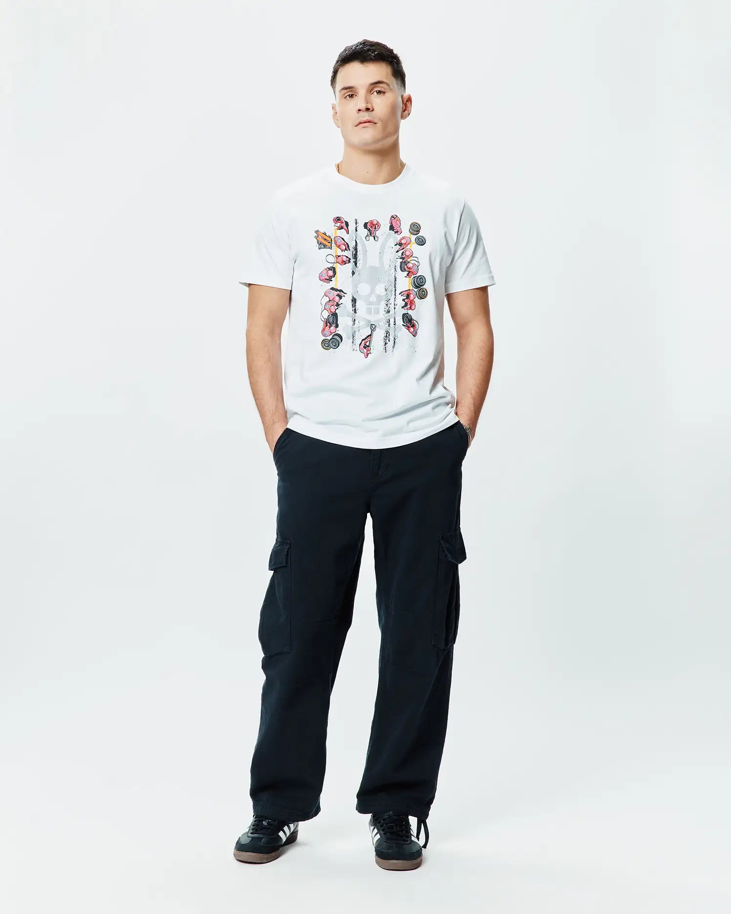 Mens Race Bunny Graphic Tee, a white classic fit jersey t-shirt featuring a large central distressed grey stripe graphic with colorful Psycho Bunny skull motifs.