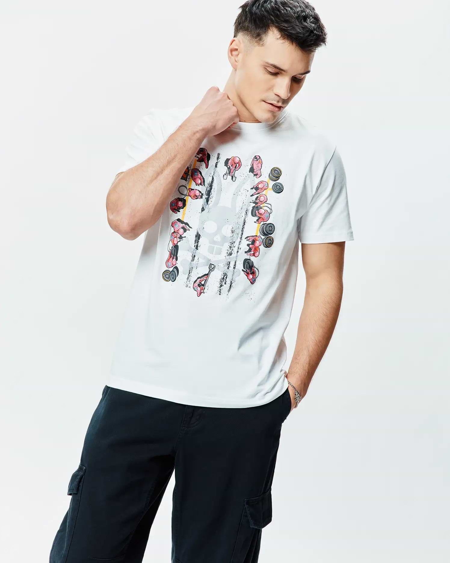 Mens Race Bunny Graphic Tee, a classic fit white jersey t-shirt featuring a vibrant front print of race car drivers, wheels, and a distressed Psycho Bunny skull.