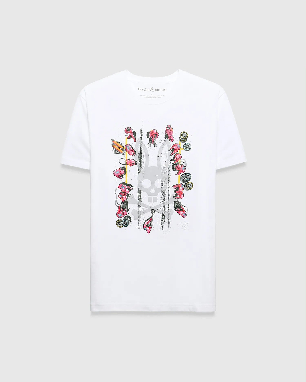 White classic fit jersey t-shirt with a large central graphic: faded grey Psycho Bunny skull, vibrant red racing figures, yellow lines, and black distressed marks. Mens Race Bunny Graphic Tee.