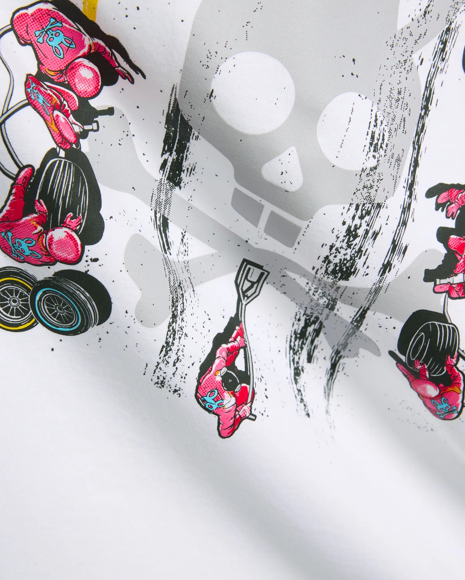 White Mens Race Bunny Graphic Tee, a classic fit jersey t-shirt, showcasing a large, vibrant pink pit crew graphic with blue Psycho Bunny skull logos, black racing elements, and a distressed grey skull print.