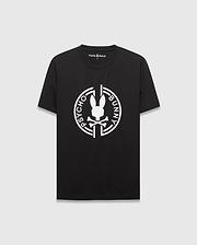 Mens Santa Fe Bunny Graphic Tee, a black classic fit jersey t-shirt featuring a large white circular graphic with the iconic Psycho Bunny skull and crossbones logo and text on the chest.