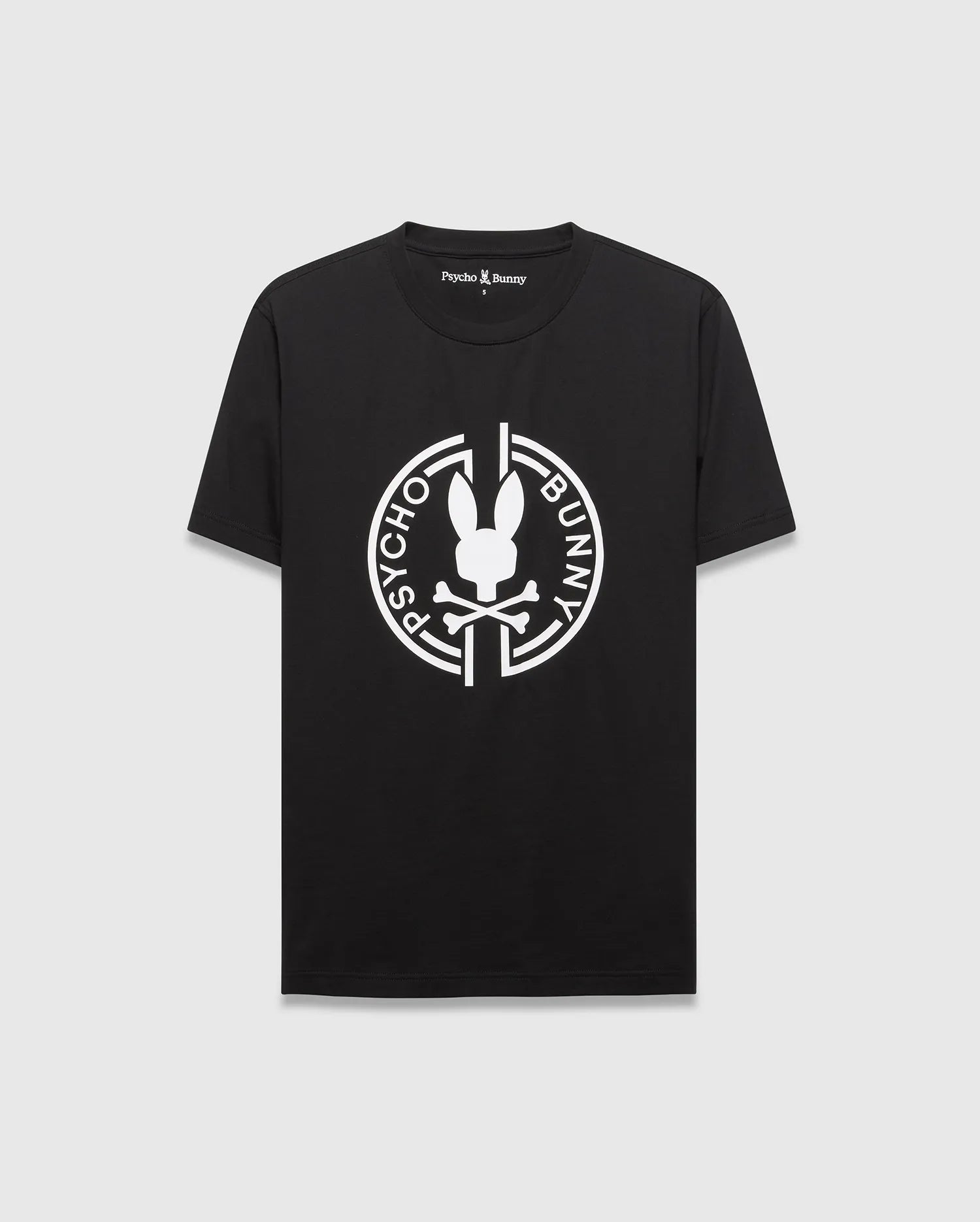 Mens Santa Fe Bunny Graphic Tee, a black classic fit jersey t-shirt featuring a large white circular graphic with the iconic Psycho Bunny skull and crossbones logo and text on the chest.