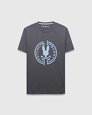 Mens Santa Fe Bunny Graphic Tee, a classic fit charcoal grey jersey t-shirt with a large light blue circular chest graphic featuring the iconic Psycho Bunny skull logo and text, plus light blue inner neck tape. (1)