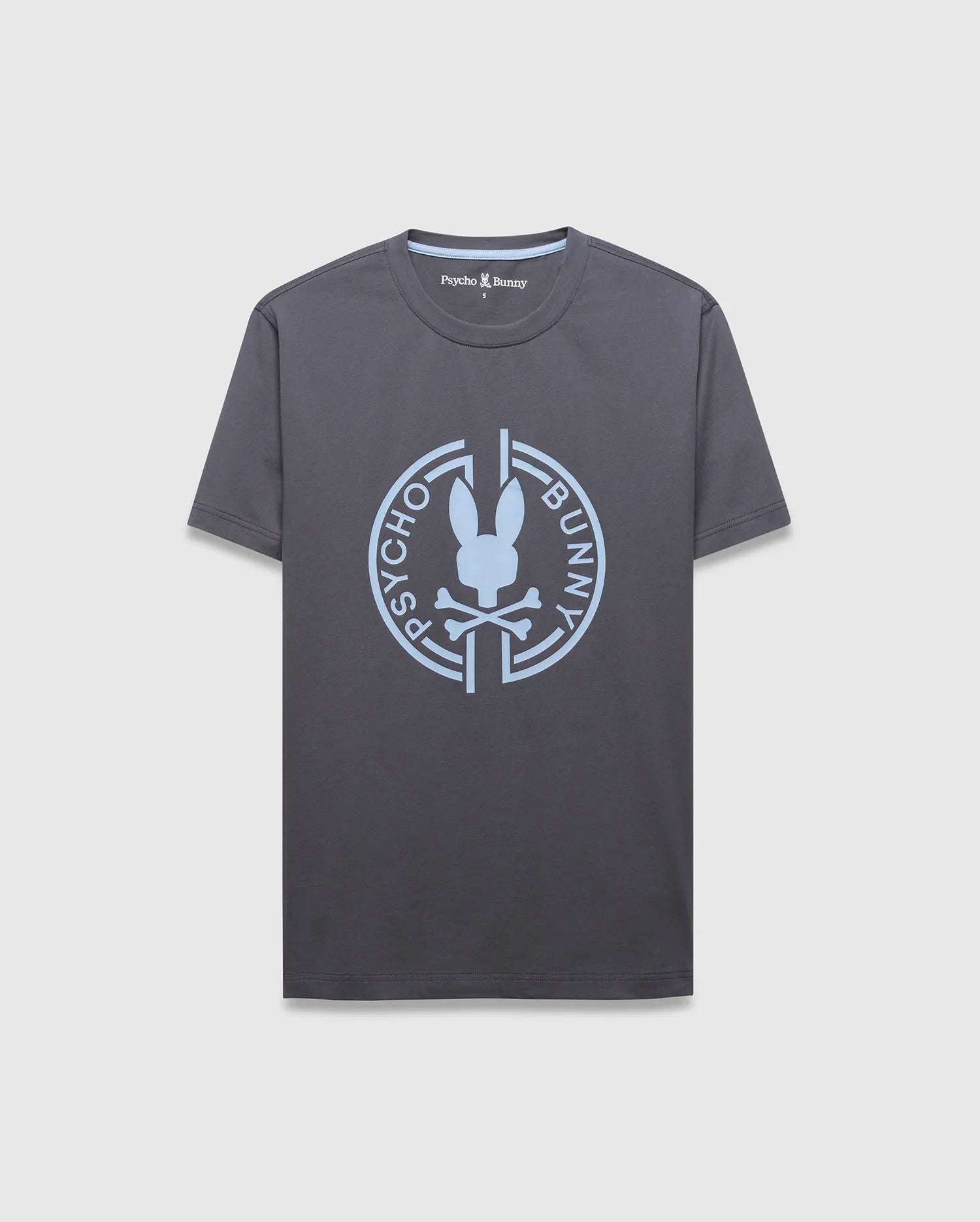 Mens Santa Fe Bunny Graphic Tee, a classic fit charcoal grey jersey t-shirt with a large light blue circular chest graphic featuring the iconic Psycho Bunny skull logo and text, plus light blue inner neck tape. (1)