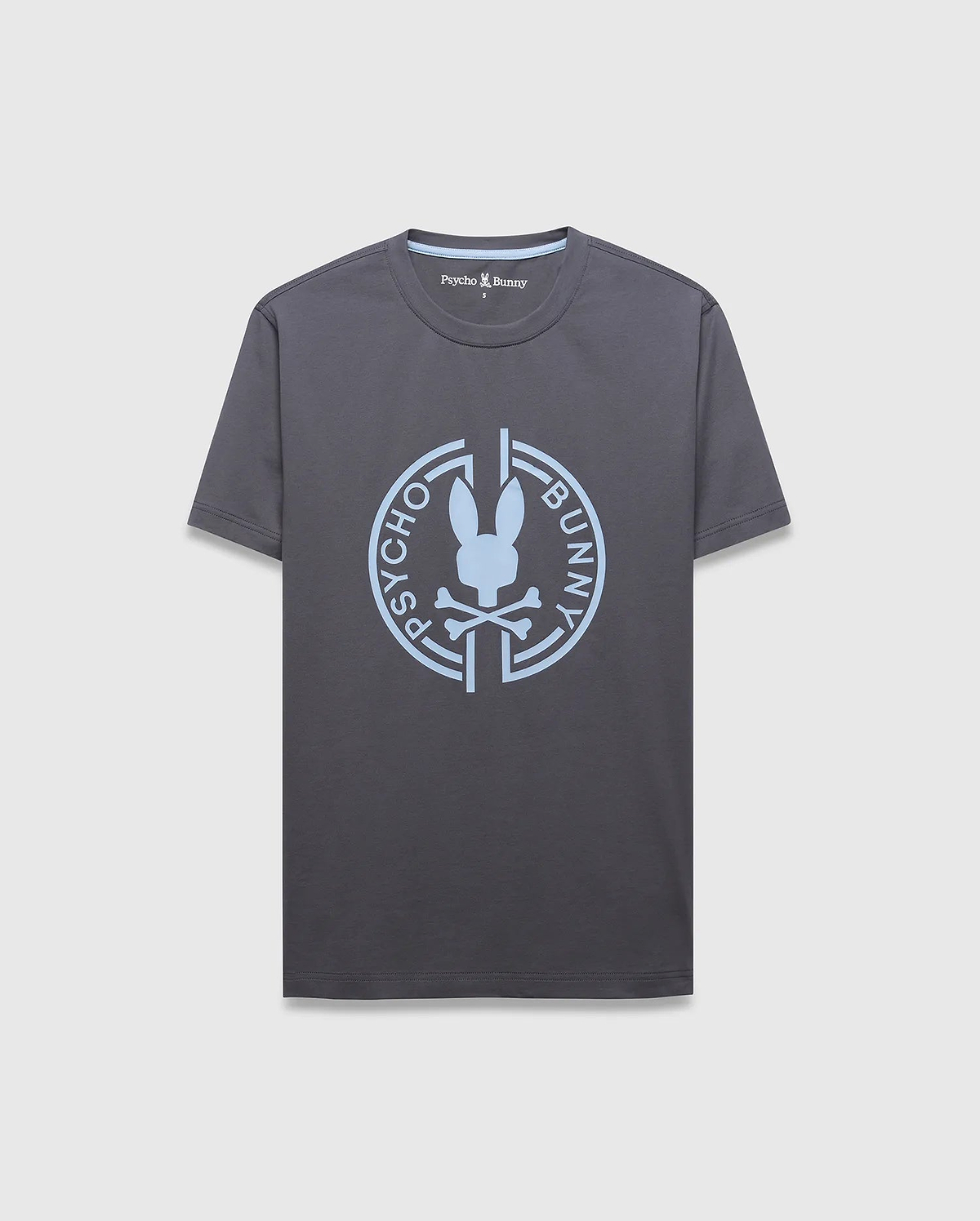 Mens Santa Fe Bunny Graphic Tee, a classic fit charcoal grey jersey t-shirt with a large light blue circular chest graphic featuring the iconic Psycho Bunny skull logo and text, plus light blue inner neck tape. (1)