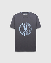 Mens Santa Fe Bunny Graphic Tee, a classic fit charcoal grey jersey t-shirt with a large light blue circular chest graphic featuring the iconic Psycho Bunny skull logo and text, plus light blue inner neck tape. (1)