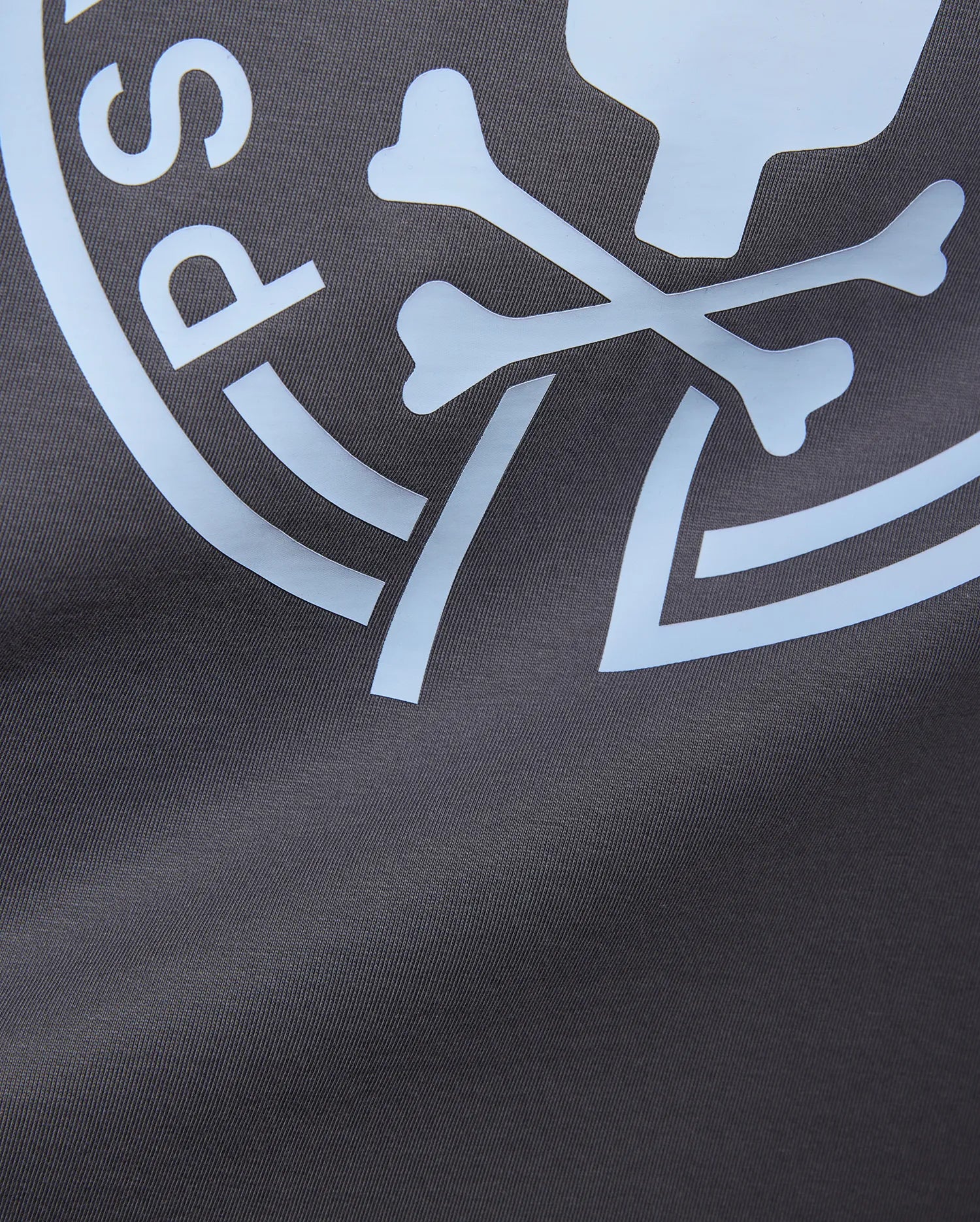 Mens Santa Fe Bunny Graphic Tee, a classic fit dark grey jersey knit t-shirt with a prominent pale blue Psycho Bunny skull and crossbones graphic print and PS lettering. (5)