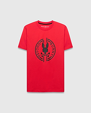 Mens Santa Fe Bunny Graphic Tee, a classic fit red jersey knit t-shirt with a large black circular Psycho Bunny skull and crossbones graphic print on the chest and a small embroidered logo on the back neck. (1)