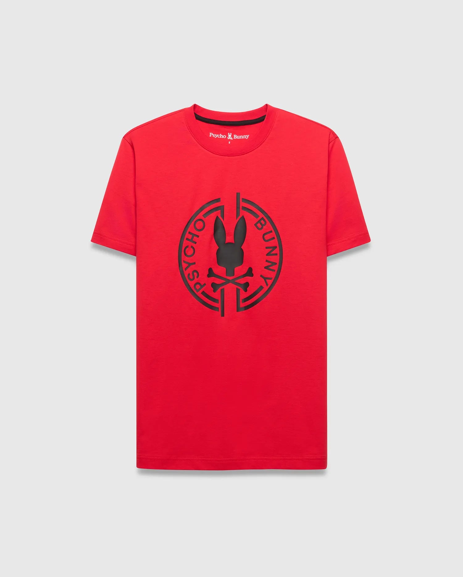 Mens Santa Fe Bunny Graphic Tee, a classic fit red jersey knit t-shirt with a large black circular Psycho Bunny skull and crossbones graphic print on the chest and a small embroidered logo on the back neck. (1)