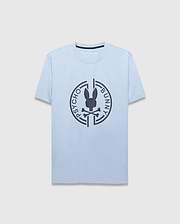 Mens Santa Fe Bunny Graphic Tee. Light blue jersey t-shirt with a classic fit, featuring a large dark grey circular chest graphic of the iconic Psycho Bunny skull logo and brand name. (1)