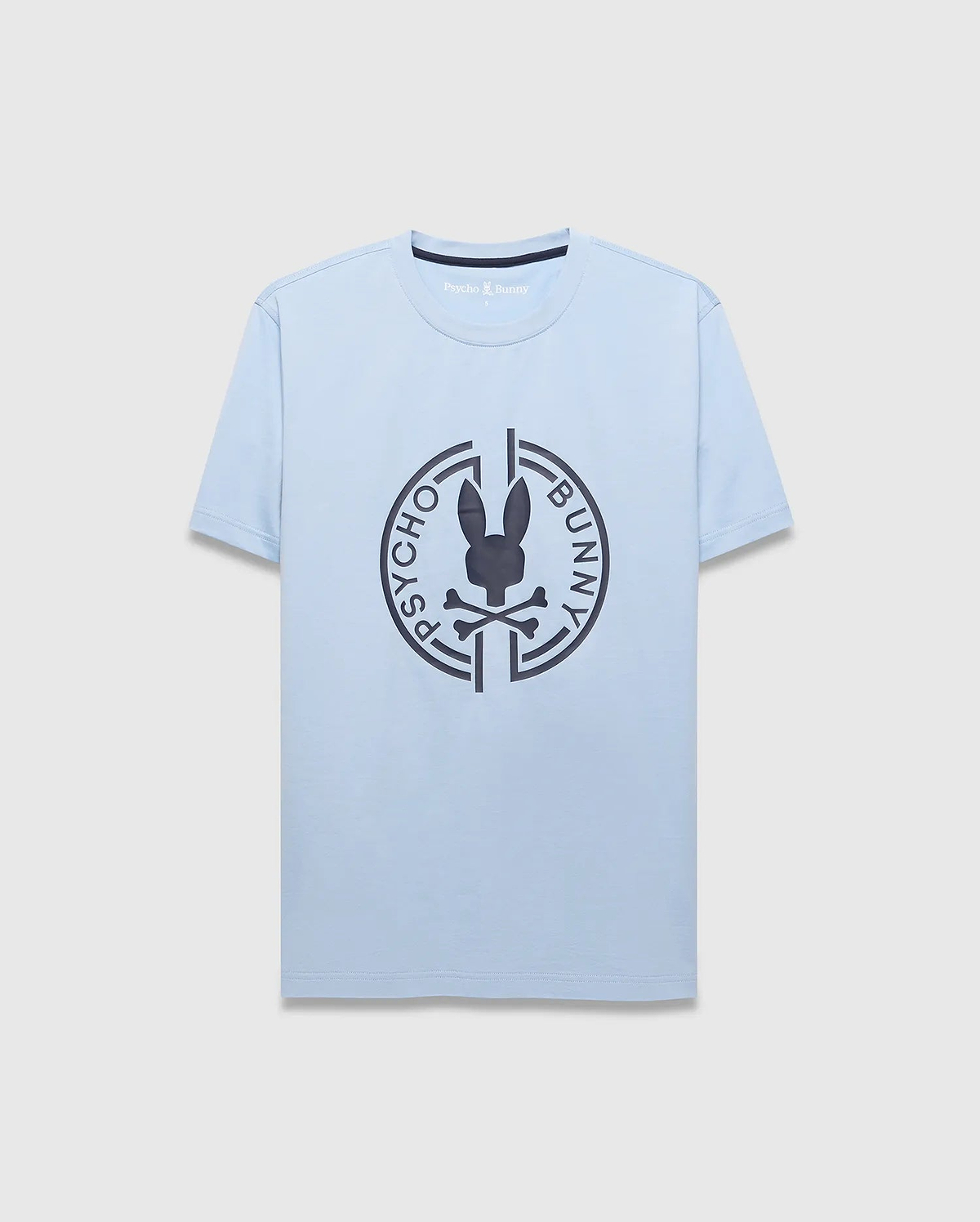 Mens Santa Fe Bunny Graphic Tee. Light blue jersey t-shirt with a classic fit, featuring a large dark grey circular chest graphic of the iconic Psycho Bunny skull logo and brand name. (1)
