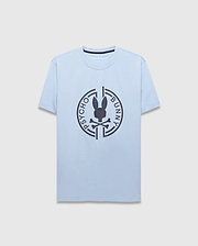 Mens Santa Fe Bunny Graphic Tee. Light blue jersey t-shirt with a classic fit, featuring a large dark grey circular chest graphic of the iconic Psycho Bunny skull logo and brand name. (1)