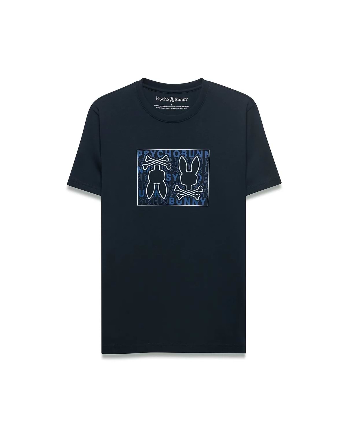 Mens Gold Coast Pima Cotton Graphic Tee, a classic fit navy jersey t-shirt featuring a large chest graphic with a light blue outline of the Psycho Bunny skull logo and text.