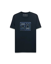 Mens Gold Coast Pima Cotton Graphic Tee, a classic fit navy jersey t-shirt featuring a large chest graphic with a light blue outline of the Psycho Bunny skull logo and text.
