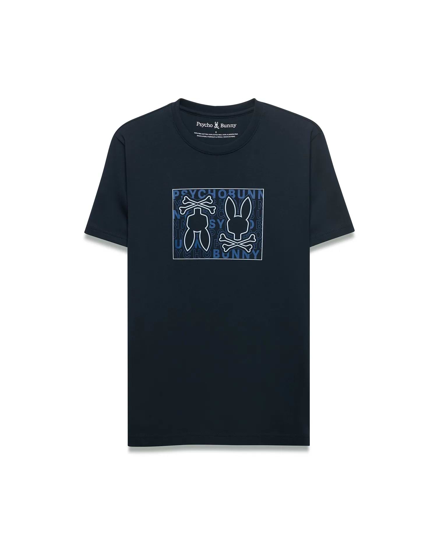 Mens Gold Coast Pima Cotton Graphic Tee, a classic fit navy jersey t-shirt featuring a large chest graphic with a light blue outline of the Psycho Bunny skull logo and text.