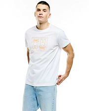 White Mens Gold Coast Pima Cotton Graphic Tee, classic fit, with a large orange chest graphic featuring outlined bunnies, crossed bones, and subtle PSYCHO BUNNY text within a rectangular frame.