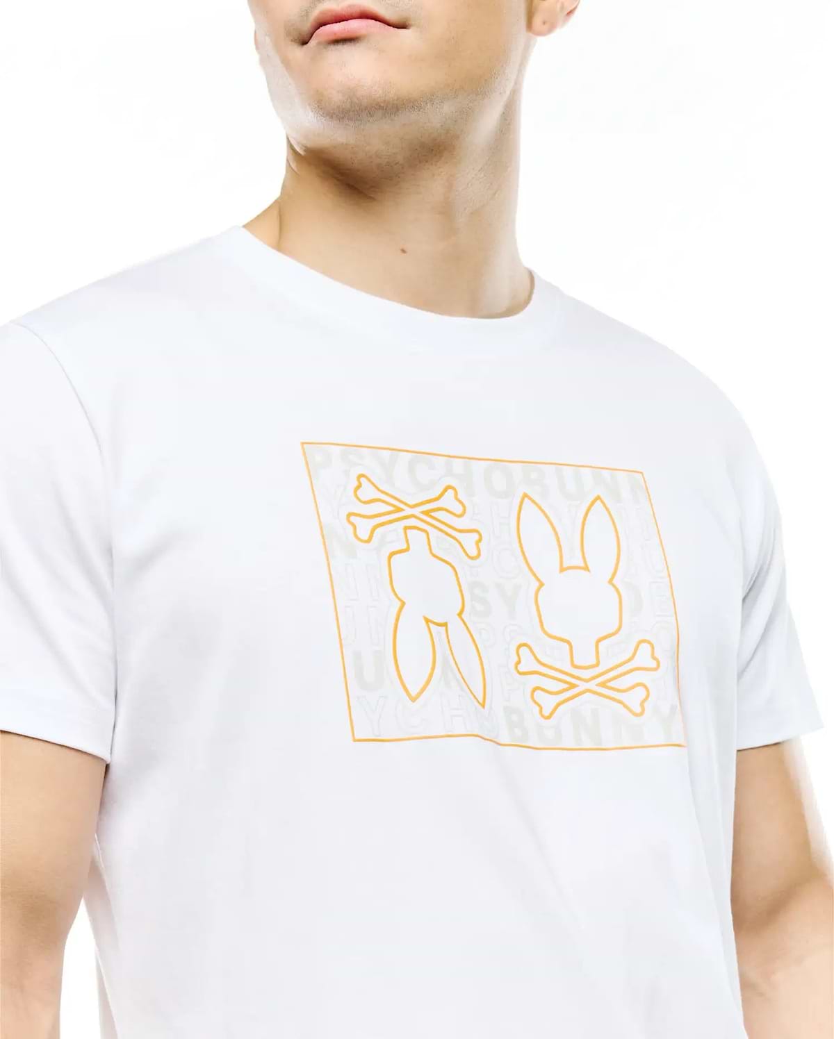 Mens Gold Coast Pima Cotton Graphic Tee, a white classic fit smooth Pima cotton jersey tee with a large orange outline graphic on the chest featuring two bunny skulls with crossbones and subtle Psycho Bunny text.