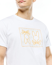 Mens Gold Coast Pima Cotton Graphic Tee, a white classic fit smooth Pima cotton jersey tee with a large orange outline graphic on the chest featuring two bunny skulls with crossbones and subtle Psycho Bunny text.