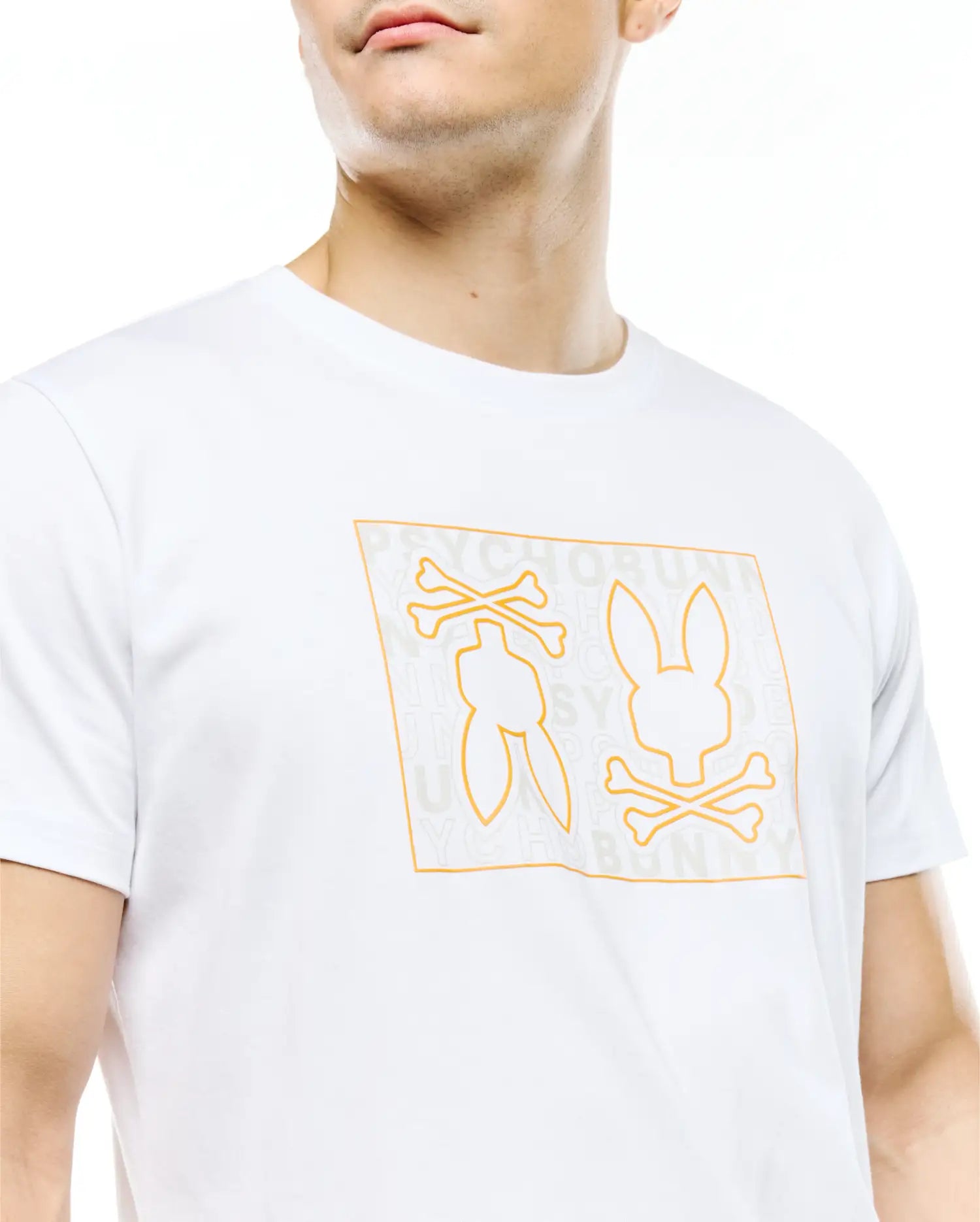 Mens Gold Coast Pima Cotton Graphic Tee, a white classic fit smooth Pima cotton jersey tee with a large orange outline graphic on the chest featuring two bunny skulls with crossbones and subtle Psycho Bunny text.
