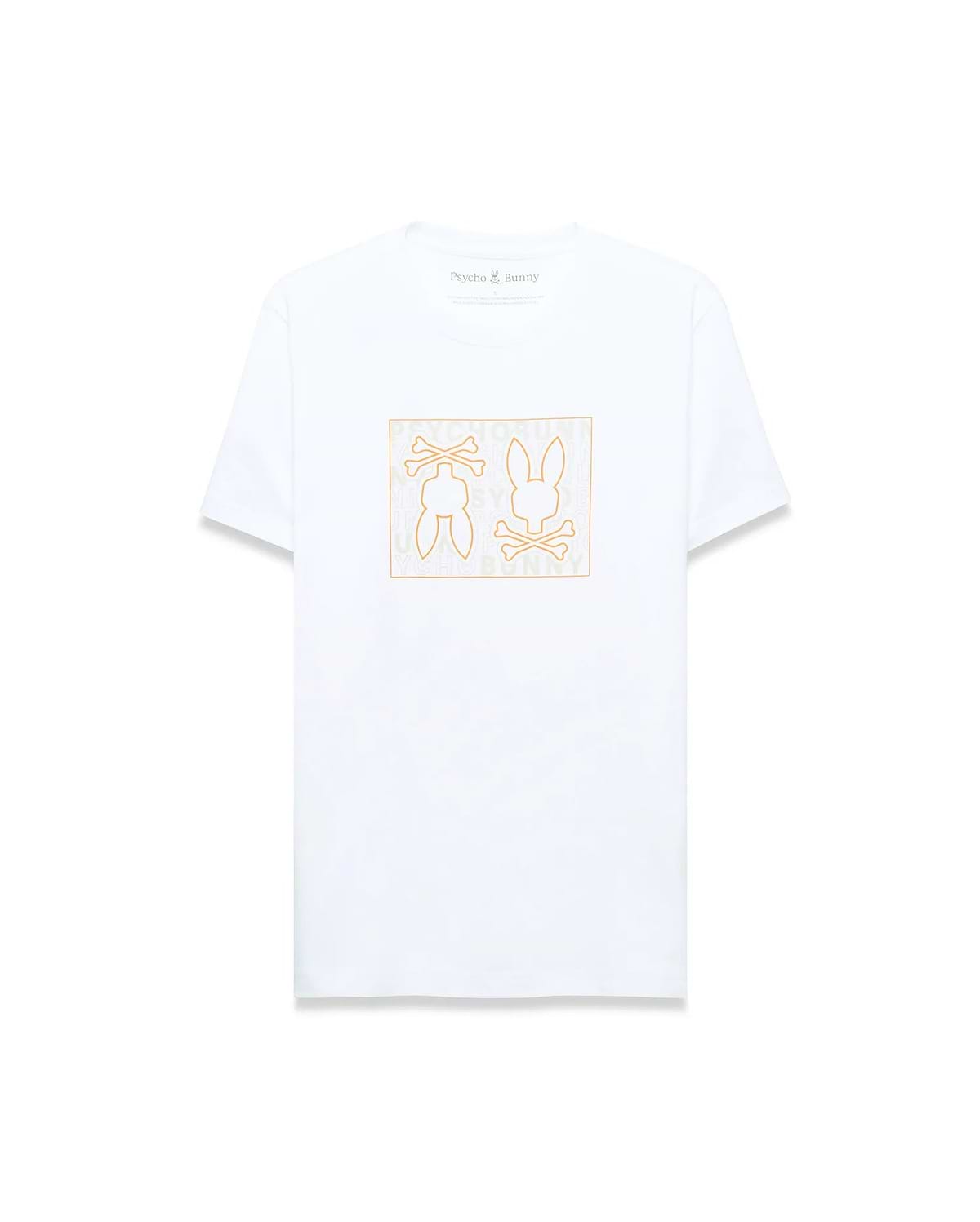 Mens Gold Coast Pima Cotton Graphic Tee. White classic fit Pima cotton jersey t-shirt with a large orange outline Psycho Bunny skull graphic on the chest, featuring repeating brand text inside, and a small logo on the back neck.