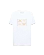 Mens Gold Coast Pima Cotton Graphic Tee. White classic fit Pima cotton jersey t-shirt with a large orange outline Psycho Bunny skull graphic on the chest, featuring repeating brand text inside, and a small logo on the back neck.