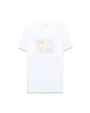 Mens Gold Coast Pima Cotton Graphic Tee. White classic fit Pima cotton jersey t-shirt with a large orange outline Psycho Bunny skull graphic on the chest, featuring repeating brand text inside, and a small logo on the back neck.