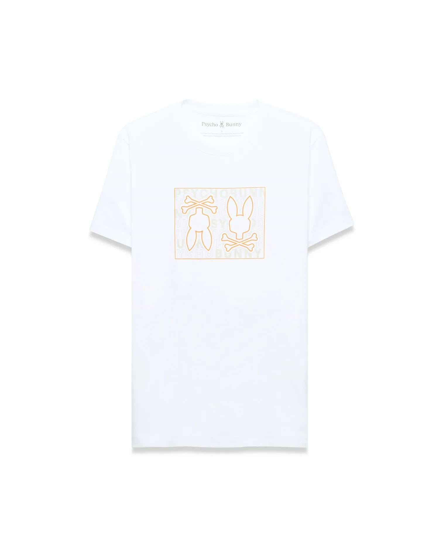 Mens Gold Coast Pima Cotton Graphic Tee. White classic fit Pima cotton jersey t-shirt with a large orange outline Psycho Bunny skull graphic on the chest, featuring repeating brand text inside, and a small logo on the back neck.