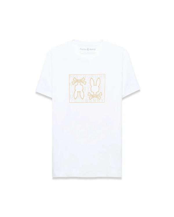 Mens Gold Coast Pima Cotton Graphic Tee. White classic fit Pima cotton jersey t-shirt with a large orange outline Psycho Bunny skull graphic on the chest, featuring repeating brand text inside, and a small logo on the back neck.