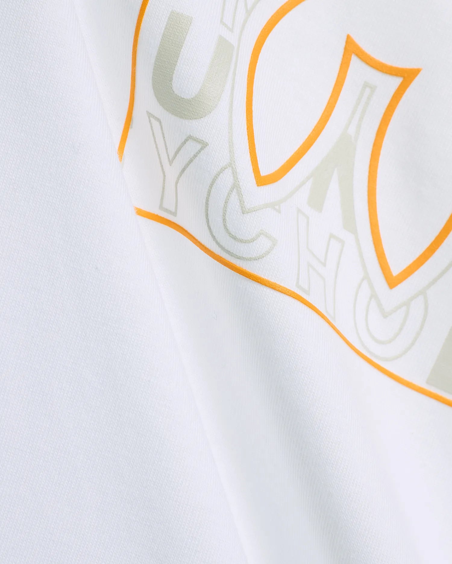 White Pima cotton jersey graphic tee, showcasing a large, bold orange outlined print with subtle light grey Psycho Bunny text. Mens Gold Coast Pima Cotton Graphic Tee.