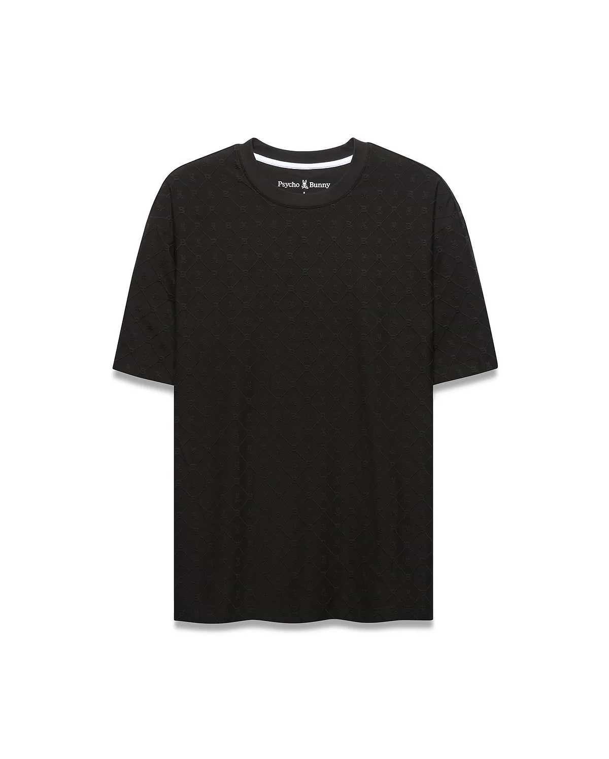 Black Mens Garry Relaxed Fit Tee featuring a subtle all-over embossed Psycho Bunny skull and crossbones pattern, textured jersey fabric, and white inner neckline trim.