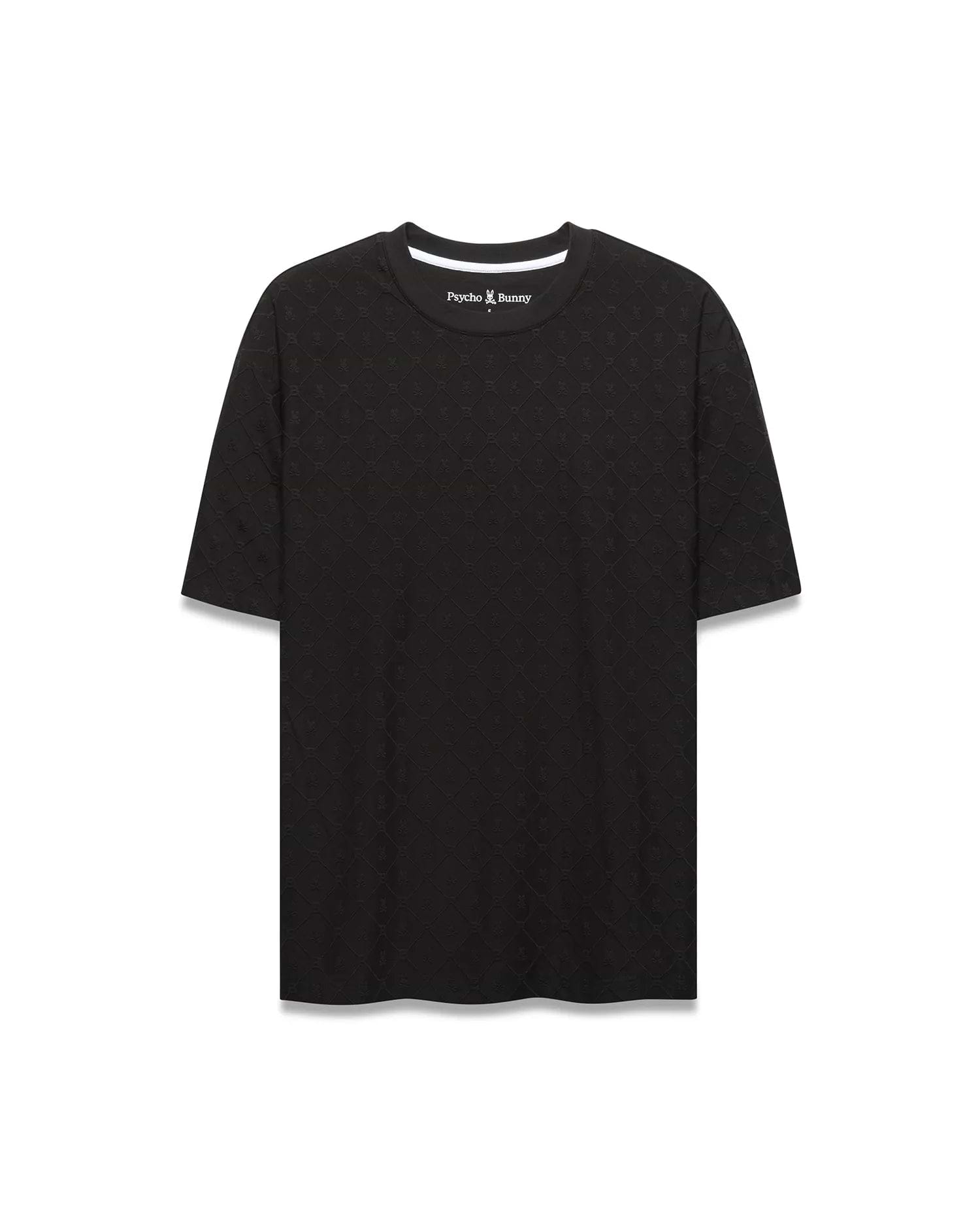 Black Mens Garry Relaxed Fit Tee featuring a subtle all-over embossed Psycho Bunny skull and crossbones pattern, textured jersey fabric, and white inner neckline trim.