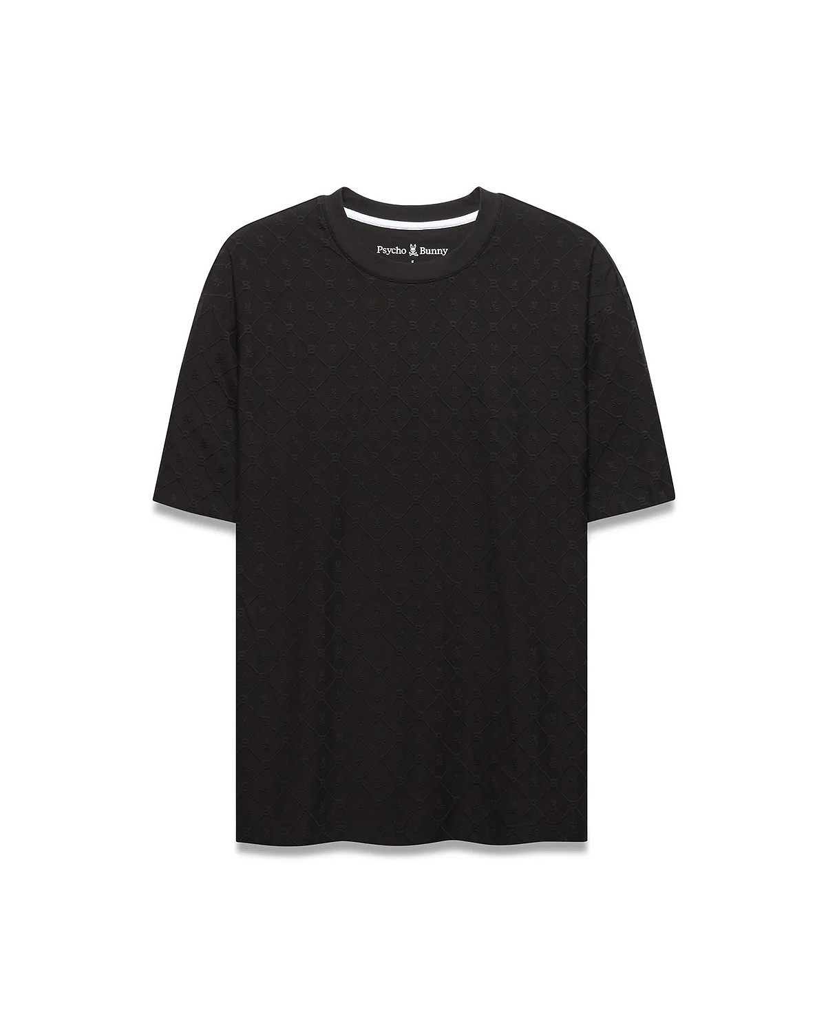 Black Mens Garry Relaxed Fit Tee featuring a subtle all-over embossed Psycho Bunny skull and crossbones pattern, textured jersey fabric, and white inner neckline trim.