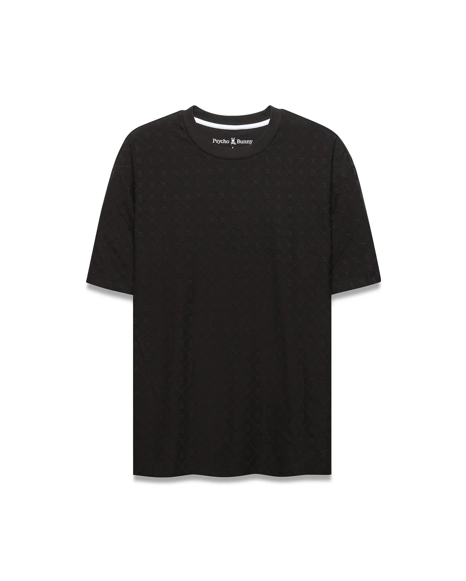 Black Mens Garry Relaxed Fit Tee featuring a subtle all-over embossed Psycho Bunny skull and crossbones pattern, textured jersey fabric, and white inner neckline trim.