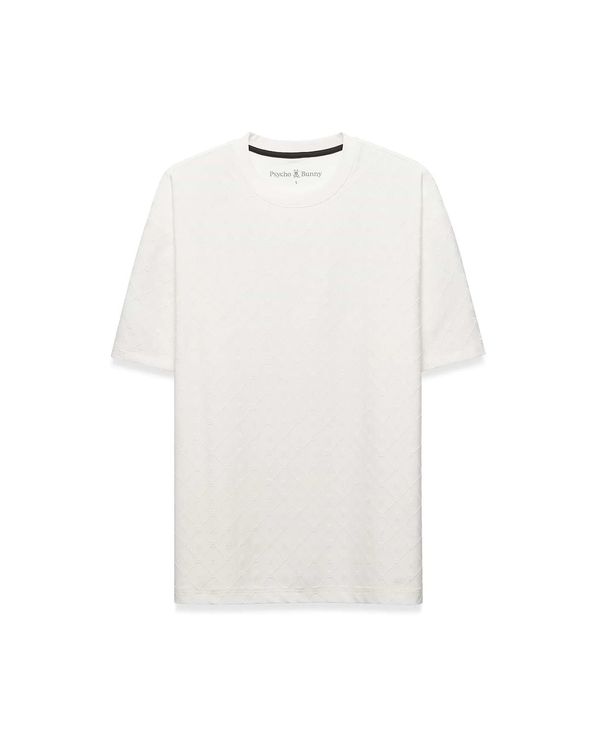 Off-white Mens Garry Relaxed Fit Tee, featuring a subtle embossed diamond and bunny skull pattern, small Psycho Bunny logo on left chest, and black branded neck tape.