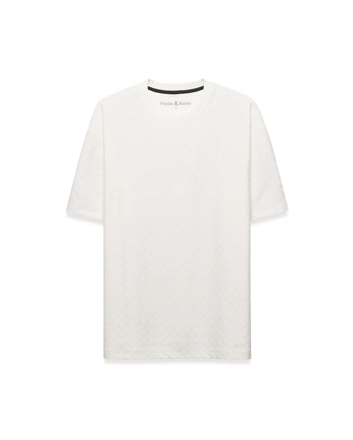 Off-white Mens Garry Relaxed Fit Tee, featuring a subtle embossed diamond and bunny skull pattern, small Psycho Bunny logo on left chest, and black branded neck tape.