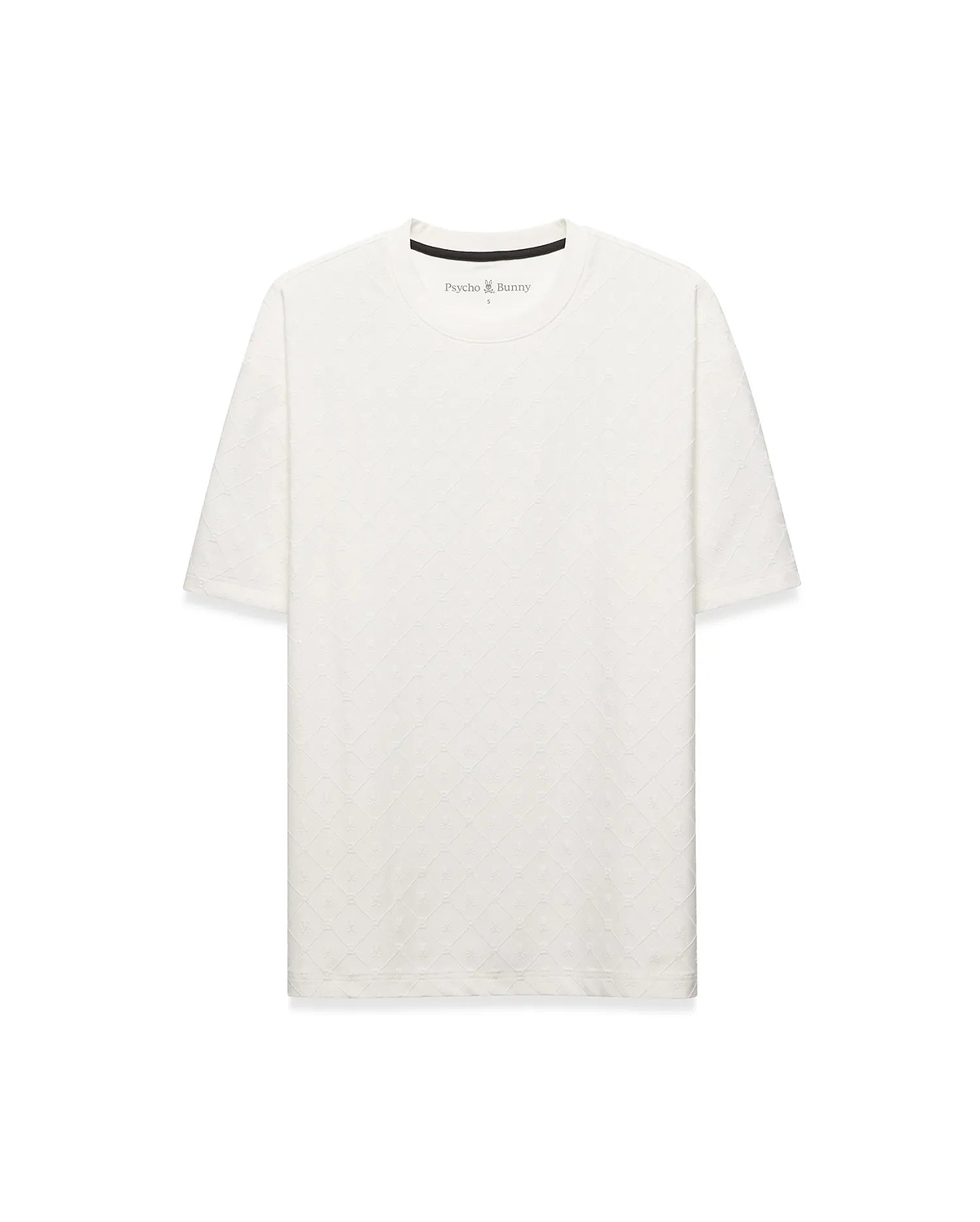 Off-white Mens Garry Relaxed Fit Tee, featuring a subtle embossed diamond and bunny skull pattern, small Psycho Bunny logo on left chest, and black branded neck tape.