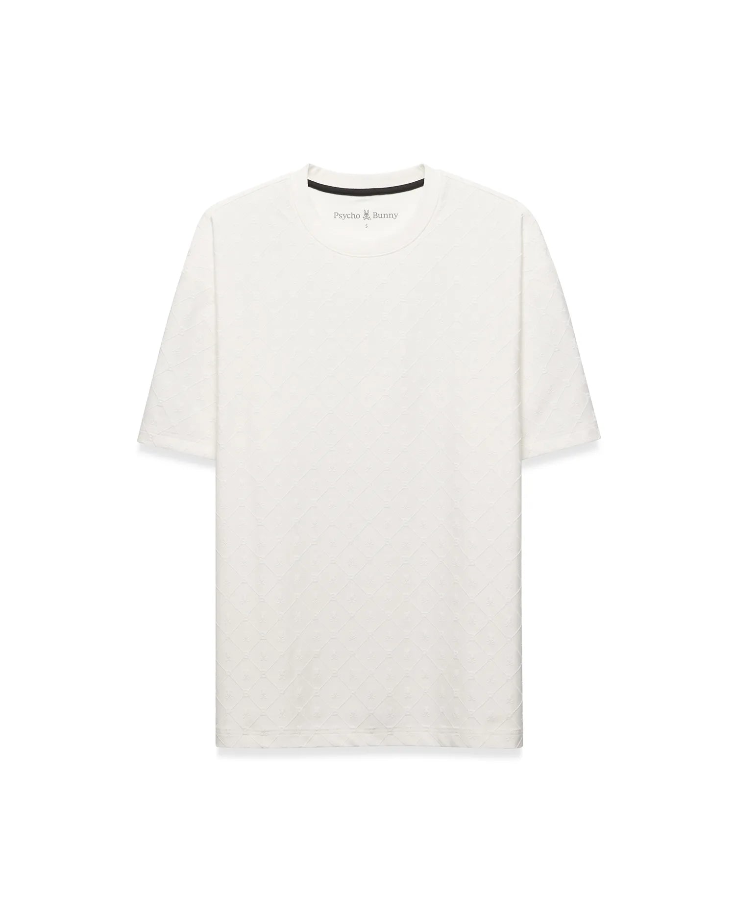 Off-white Mens Garry Relaxed Fit Tee, featuring a subtle embossed diamond and bunny skull pattern, small Psycho Bunny logo on left chest, and black branded neck tape.
