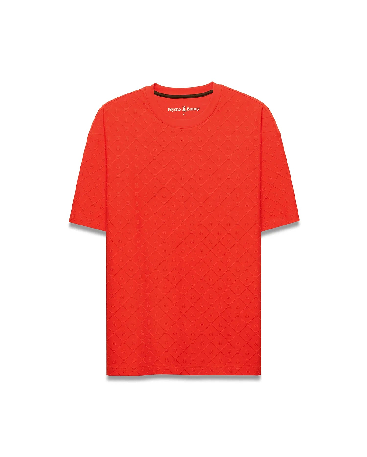 Vibrant red Mens Garry Relaxed Fit Tee, featuring a subtle yet distinct all-over embossed pattern of the iconic Psycho Bunny skull logo on its textured jersey-like fabric.