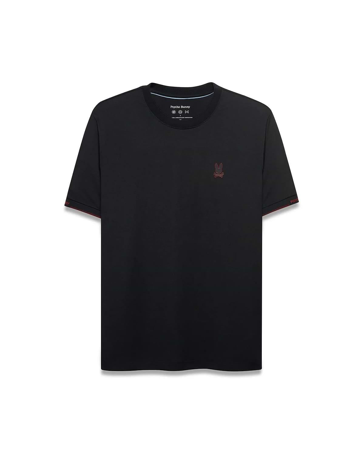 Edmonds Chest Bunny Sport Tee, a black classic fit jersey t-shirt with a small embroidered red bunny skull logo on the left chest, red sleeve cuff trim, and Psycho Bunny text on the right sleeve. (5)