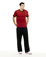 Men's Edmonds Chest Bunny Sport Tee. Classic fit deep red jersey t-shirt with black ribbed collar and sleeve cuffs, featuring a small embroidered black Psycho Bunny skull logo on the left chest. (4)