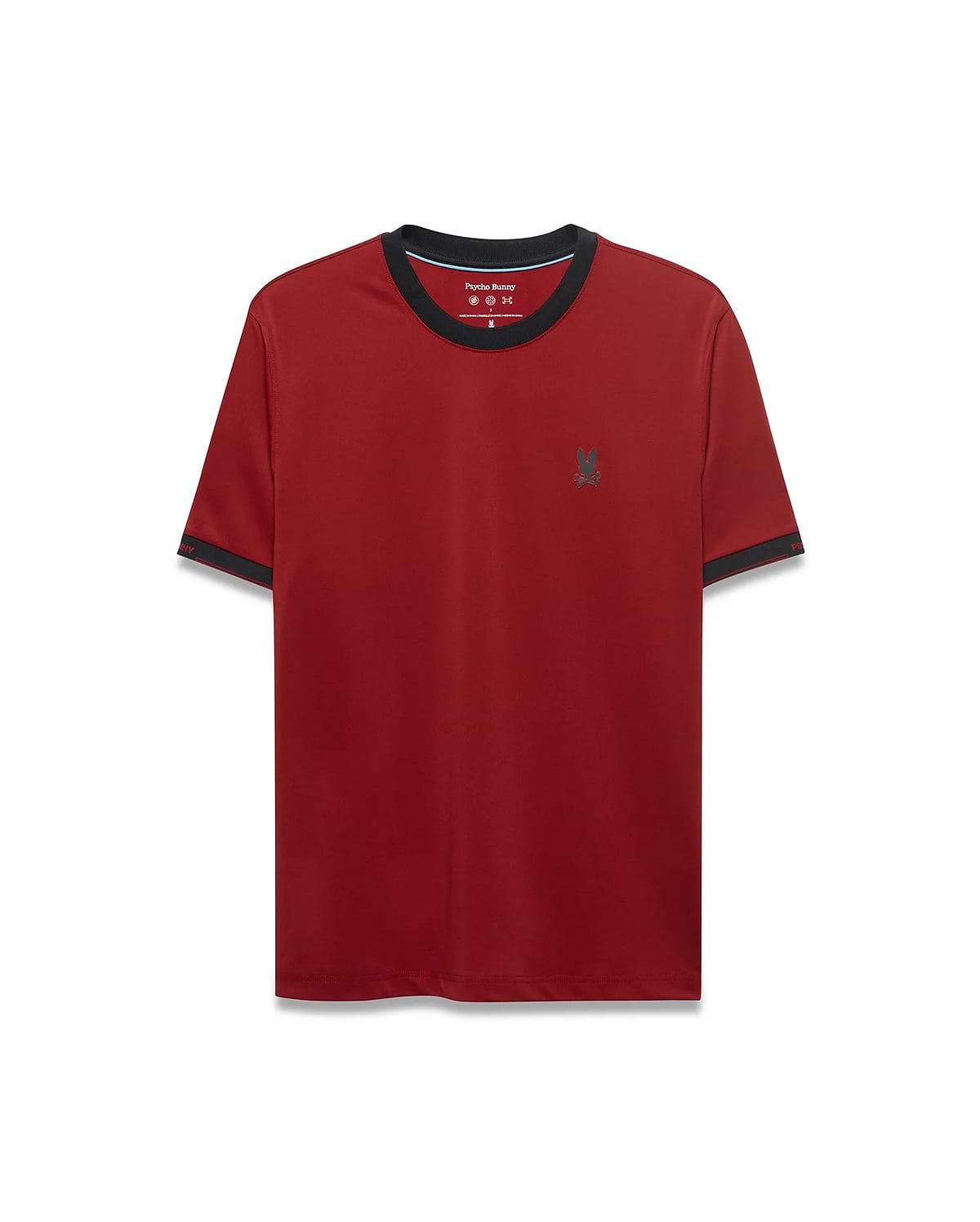 Men's Edmonds Chest Bunny Sport Tee, a classic fit deep red jersey tee with black crew neck and sleeve cuff trim, featuring a small embroidered dark grey Psycho Bunny skull logo on the left chest. (5)