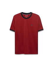 Men's Edmonds Chest Bunny Sport Tee, a classic fit deep red jersey tee with black crew neck and sleeve cuff trim, featuring a small embroidered dark grey Psycho Bunny skull logo on the left chest. (5)