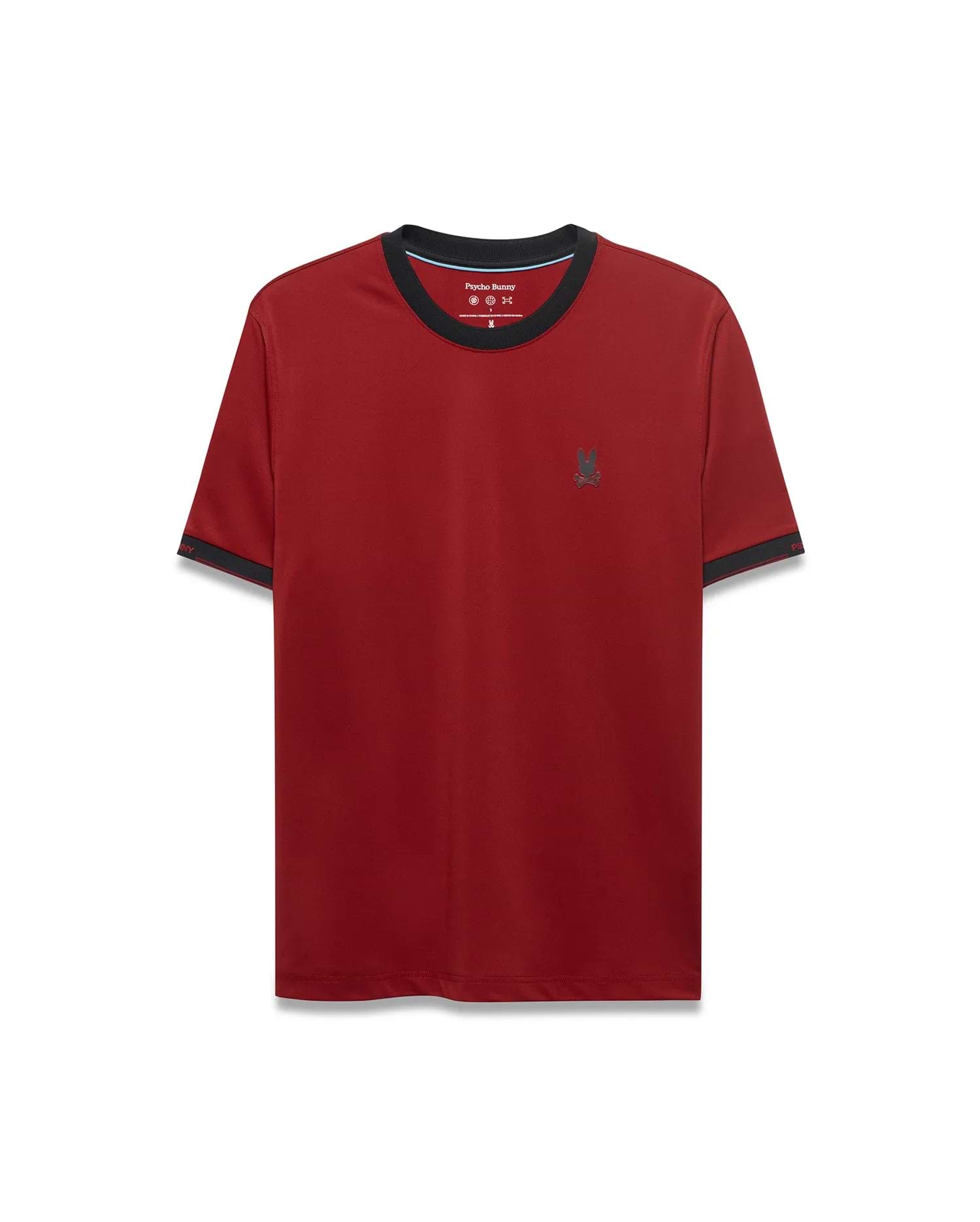 Men's Edmonds Chest Bunny Sport Tee, a classic fit deep red jersey tee with black crew neck and sleeve cuff trim, featuring a small embroidered dark grey Psycho Bunny skull logo on the left chest. (5)