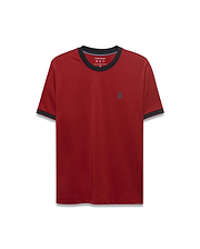 Men's Edmonds Chest Bunny Sport Tee, a classic fit deep red jersey tee with black crew neck and sleeve cuff trim, featuring a small embroidered dark grey Psycho Bunny skull logo on the left chest. (5)