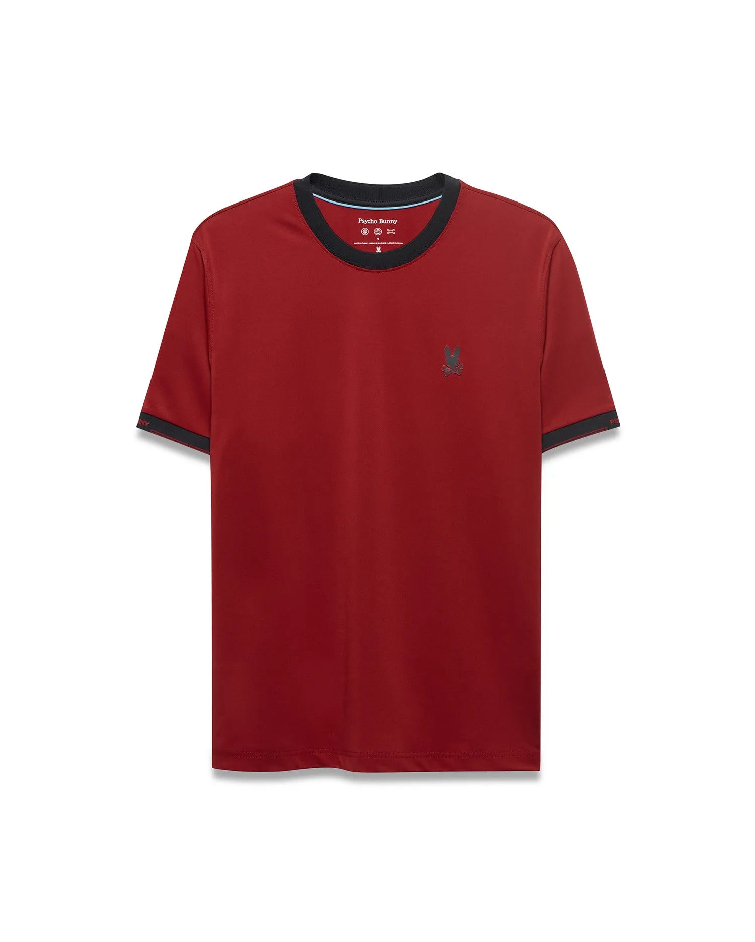 Men's Edmonds Chest Bunny Sport Tee, a classic fit deep red jersey tee with black crew neck and sleeve cuff trim, featuring a small embroidered dark grey Psycho Bunny skull logo on the left chest. (5)