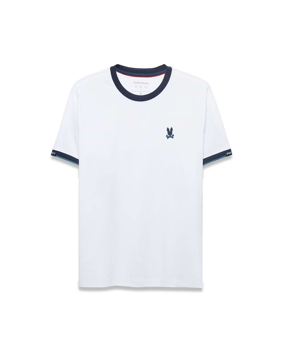 Men's Edmonds Chest Bunny Sport Tee: White jersey t-shirt with a navy ringer collar, striped navy and light blue sleeve cuffs, and a small embroidered Psycho Bunny skull logo on the left chest. Classic fit. (5)