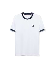Men's Edmonds Chest Bunny Sport Tee: White jersey t-shirt with a navy ringer collar, striped navy and light blue sleeve cuffs, and a small embroidered Psycho Bunny skull logo on the left chest. Classic fit. (5)