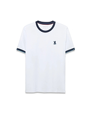 Men's Edmonds Chest Bunny Sport Tee: White jersey t-shirt with a navy ringer collar, striped navy and light blue sleeve cuffs, and a small embroidered Psycho Bunny skull logo on the left chest. Classic fit. (5)