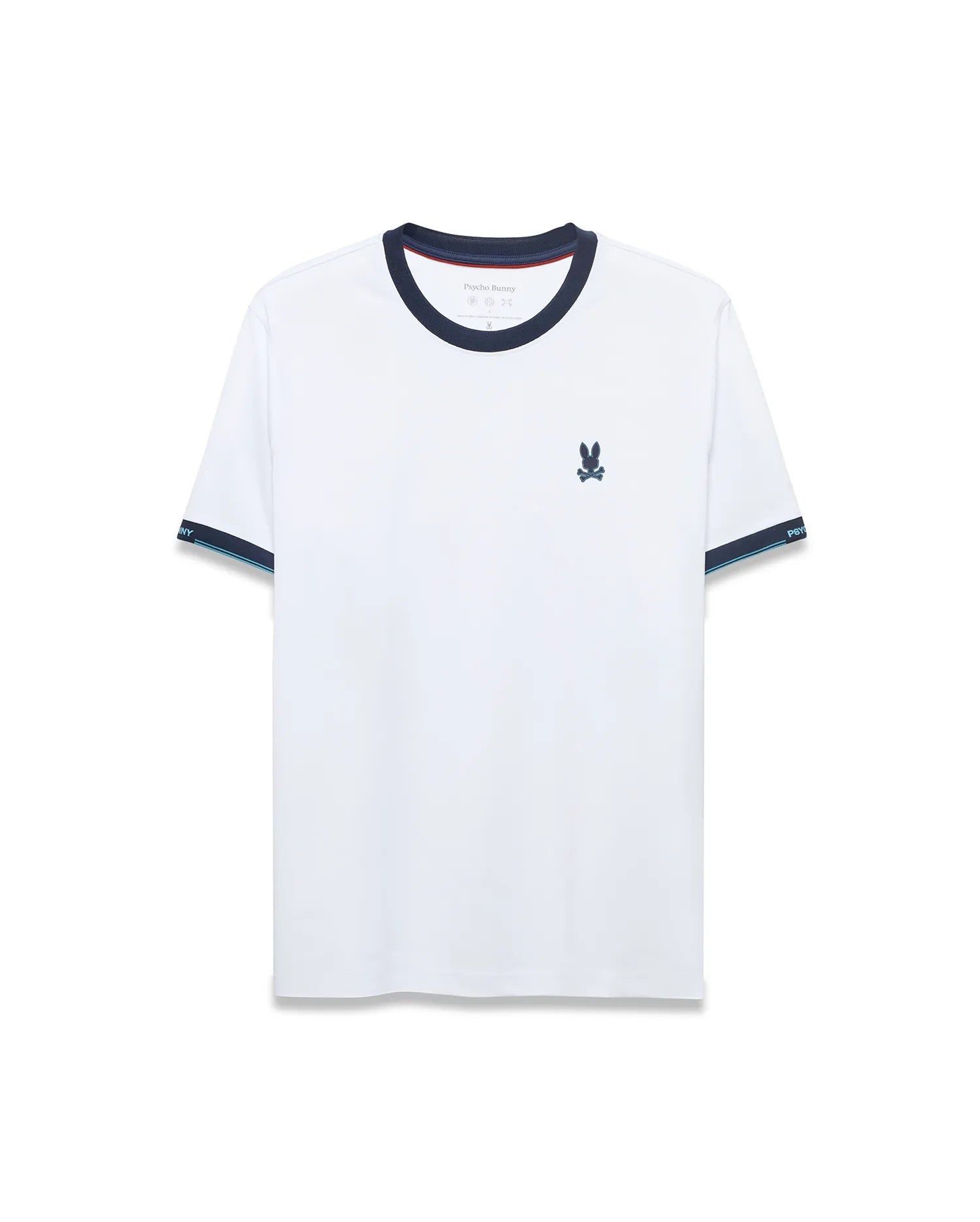 Men's Edmonds Chest Bunny Sport Tee: White jersey t-shirt with a navy ringer collar, striped navy and light blue sleeve cuffs, and a small embroidered Psycho Bunny skull logo on the left chest. Classic fit. (5)
