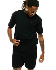 Black Mens Arlen Relaxed Seersucker Tee featuring a distinct textured fabric and a small, tonal embroidered Psycho Bunny skull logo on the left chest.